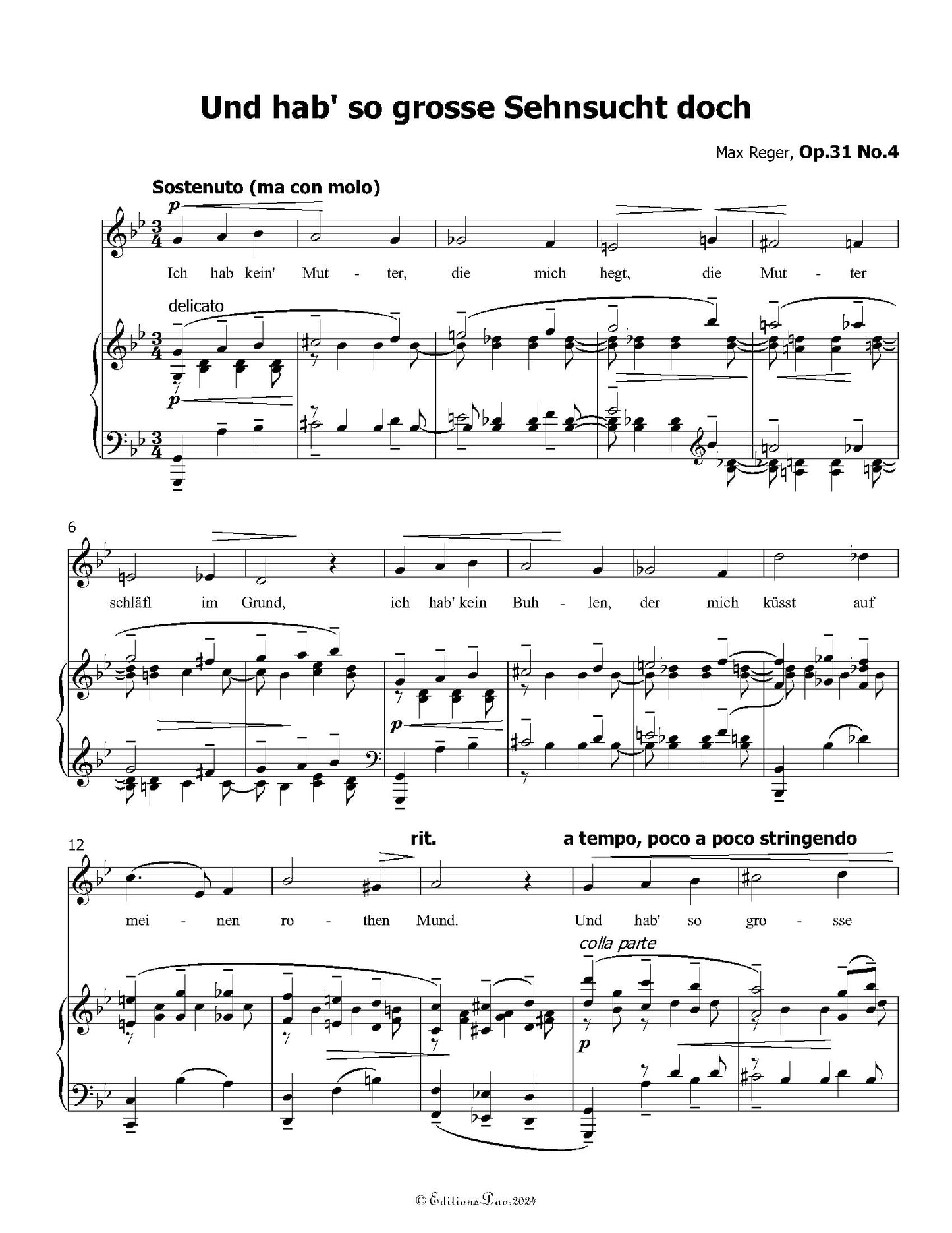 Und hab so grosse Sehnsucht doch, by M. Reger