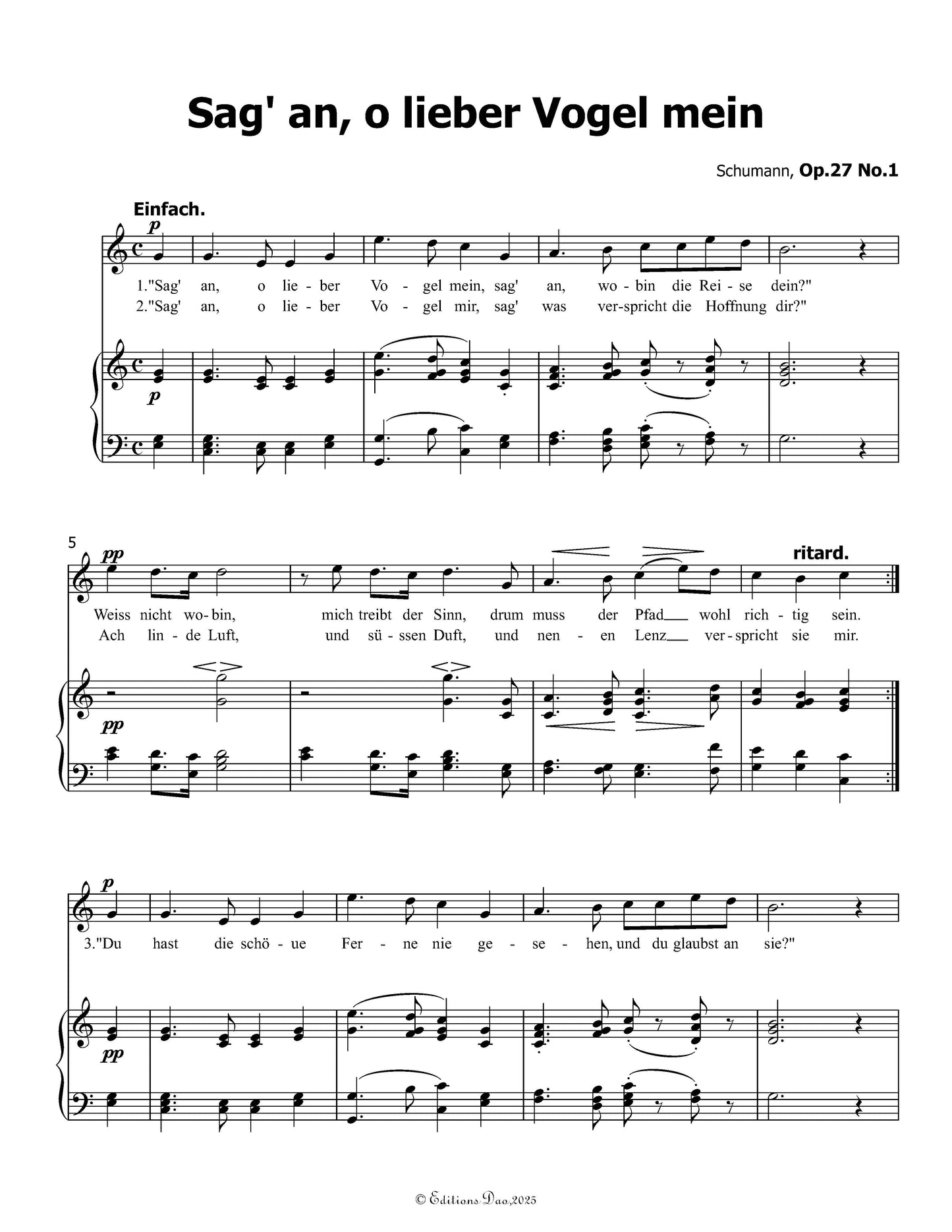 Sag an,o lieber Vogel mein, by R. Schumann